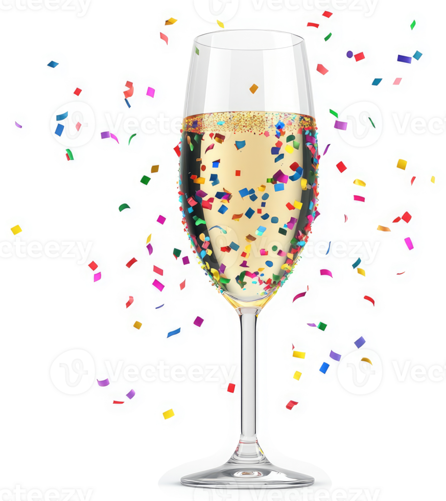 Sparkling champagne glass surrounded by confetti. png