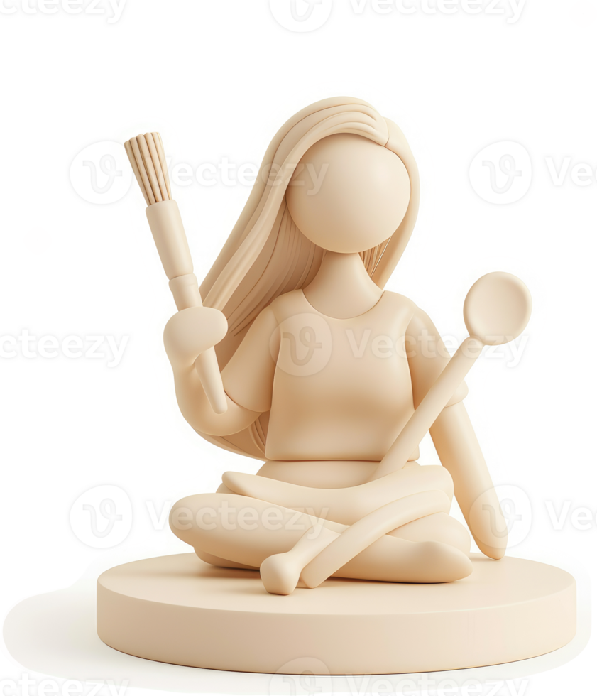 Beige figurine of a seated female artist holding a paintbrush and spatula. png