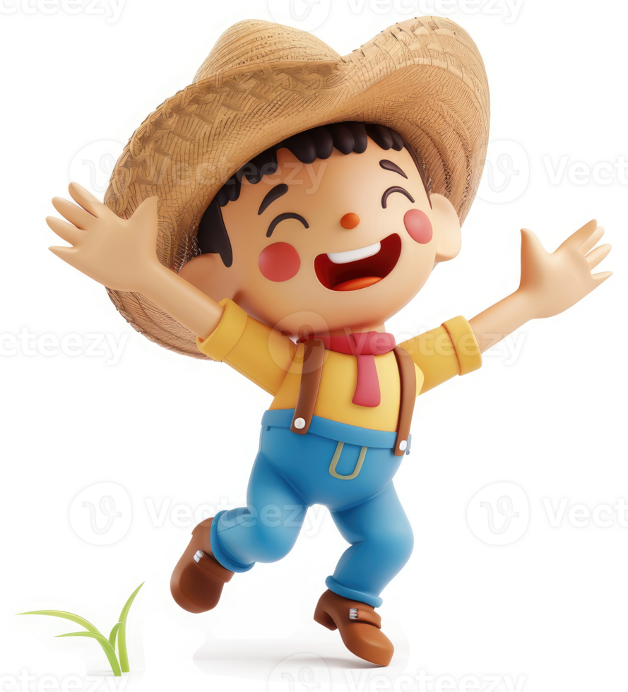 Cheerful cartoon boy in a cowboy hat leaps for joy. png