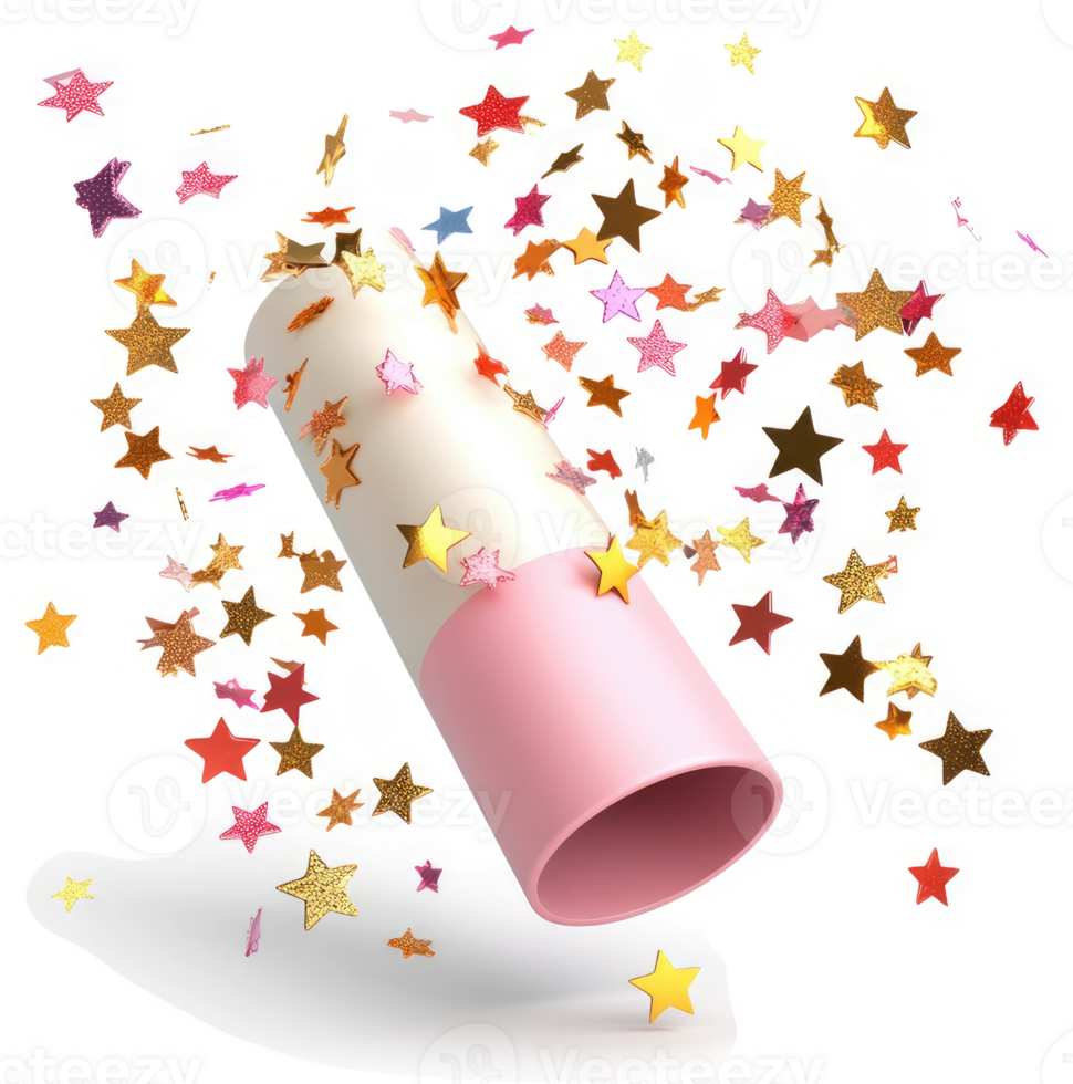 Colorful stars burst forth from a pink and white cylindrical container. png