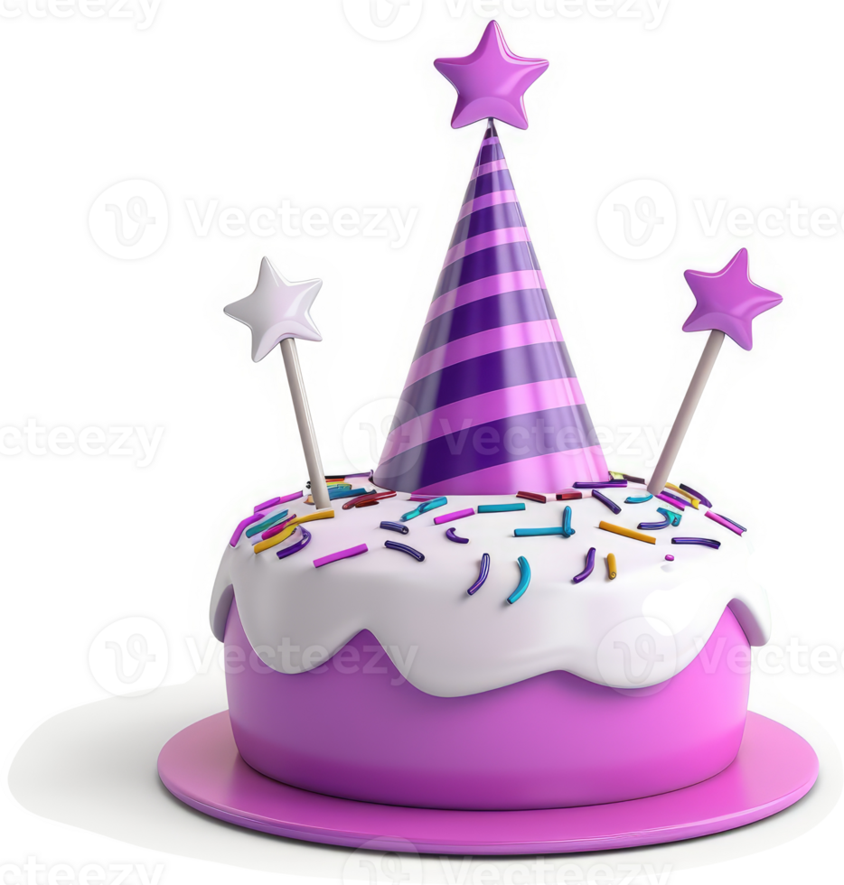 Festive purple birthday cake with party hat. png