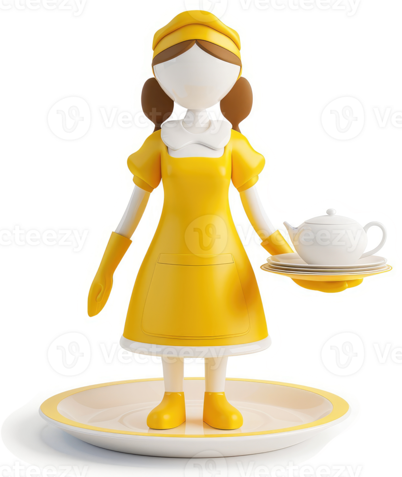 3D illustration of a yellow-clad waitress carrying a tray. png