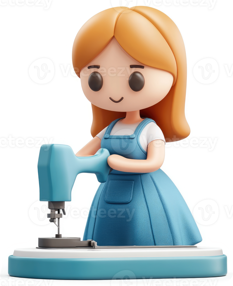 Cute cartoon girl operates a sewing machine. png