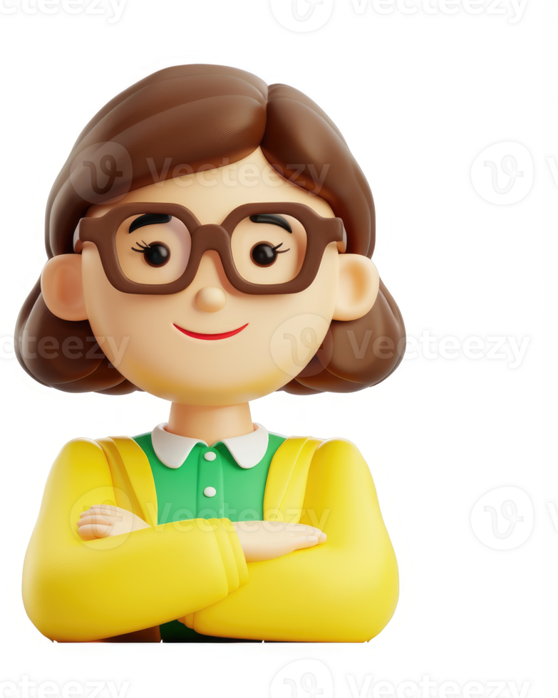 Smiling female cartoon character in glasses and a yellow cardigan. png