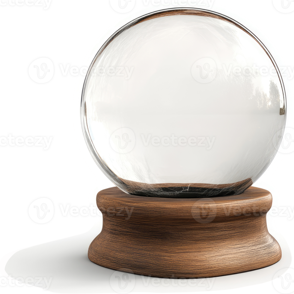 Empty glass snow globe rests on a wooden base. png