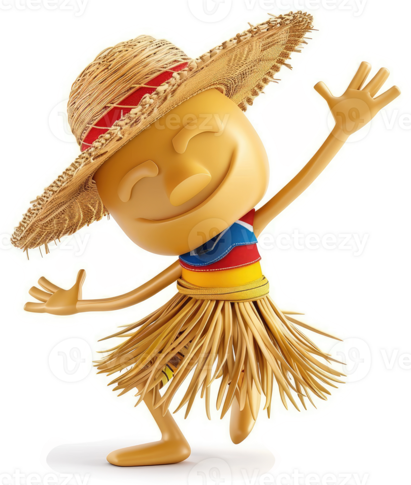 Animated, happy figure in straw hat and skirt dances joyfully. png
