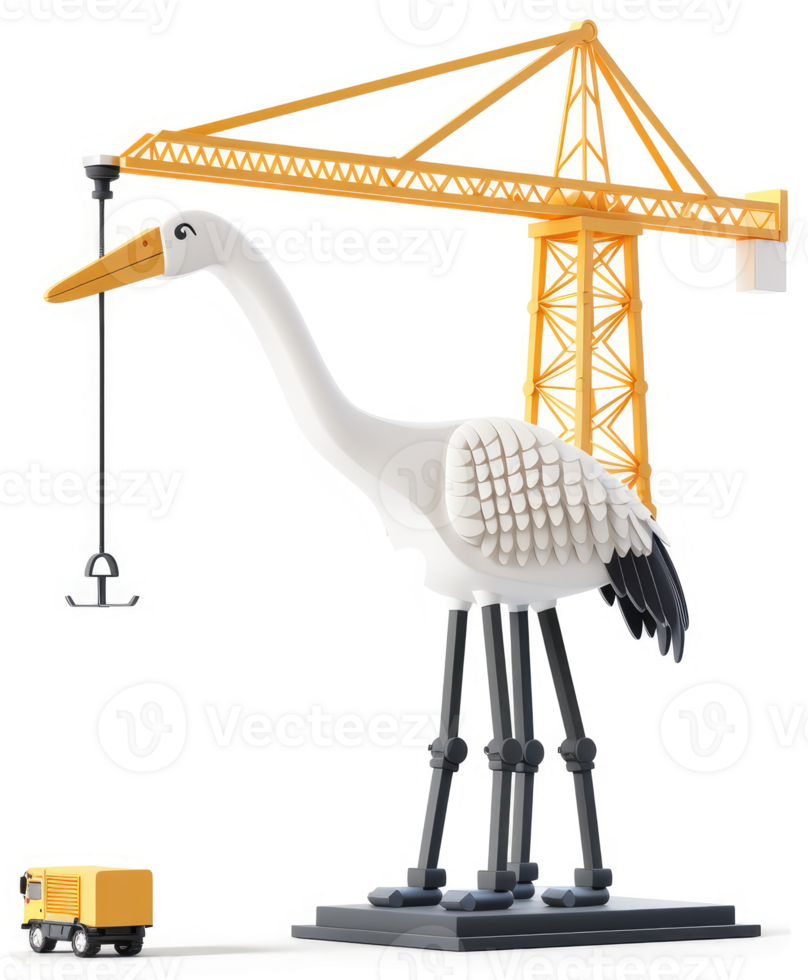 Large crane bird figurine with a tiny vehicle. png