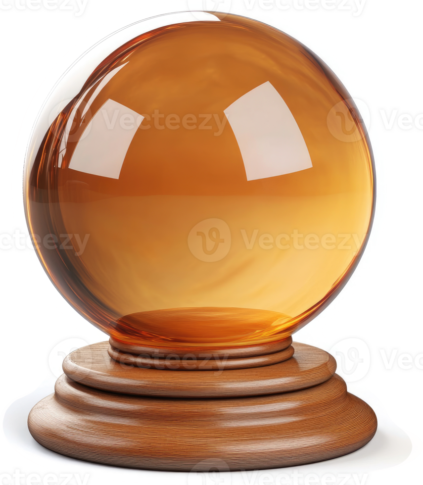Amber-hued crystal ball rests atop a wooden pedestal. png