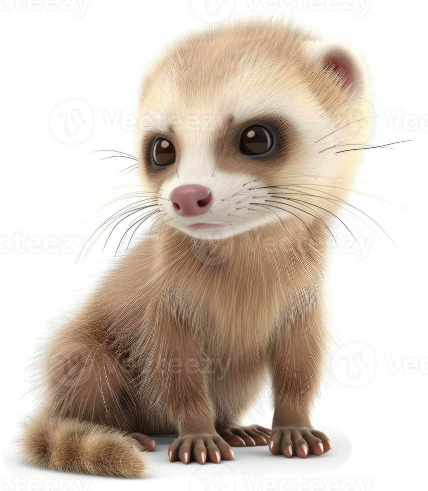 A digitally rendered, adorable ferret pup, seated, with expressive eyes. png