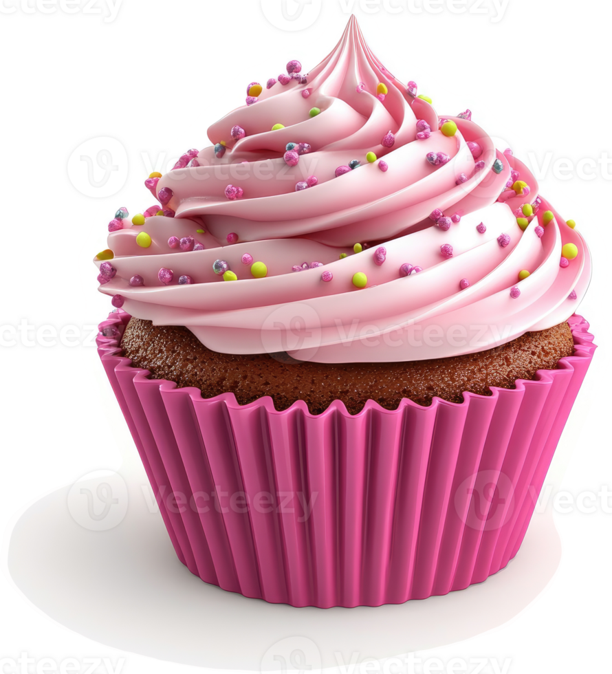 Delectable pink frosted cupcake with colorful sprinkles. png