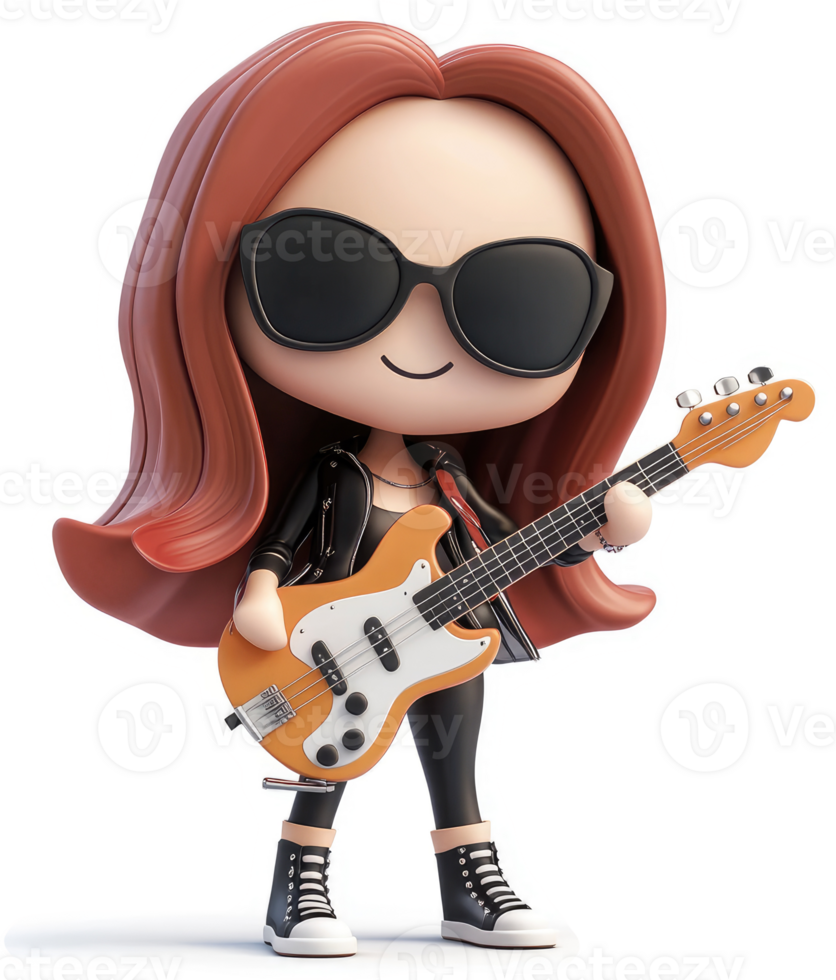 A cute cartoon girl plays electric bass guitar. png