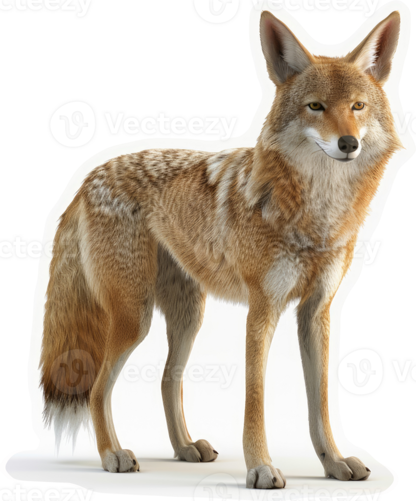Desert coyote stands alert in profile view. png