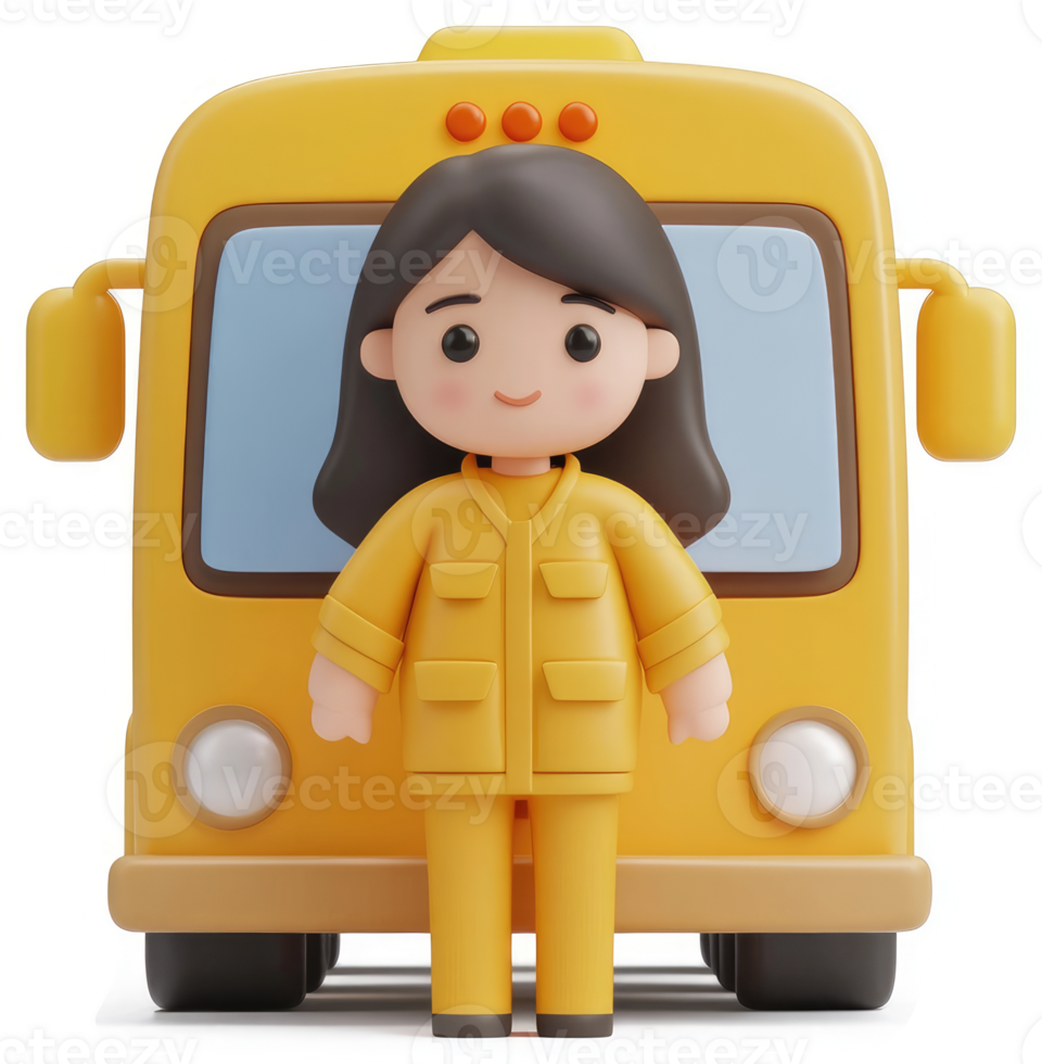 Cheerful cartoon girl stands before a yellow school bus. png