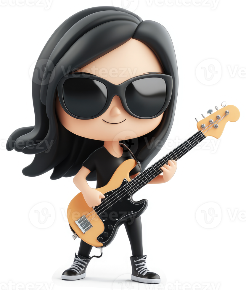 Cartoon girl in sunglasses plays bass guitar. png