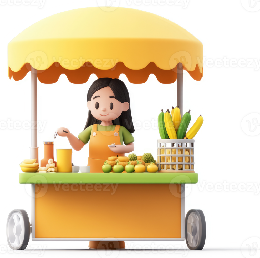 Smiling girl operates a vibrant fruit stand. png