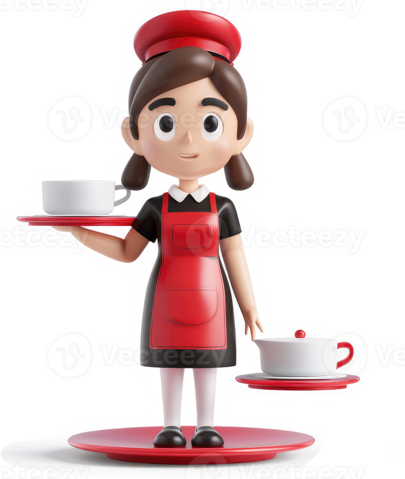 Smiling girl waiter presents a tray of cups. png