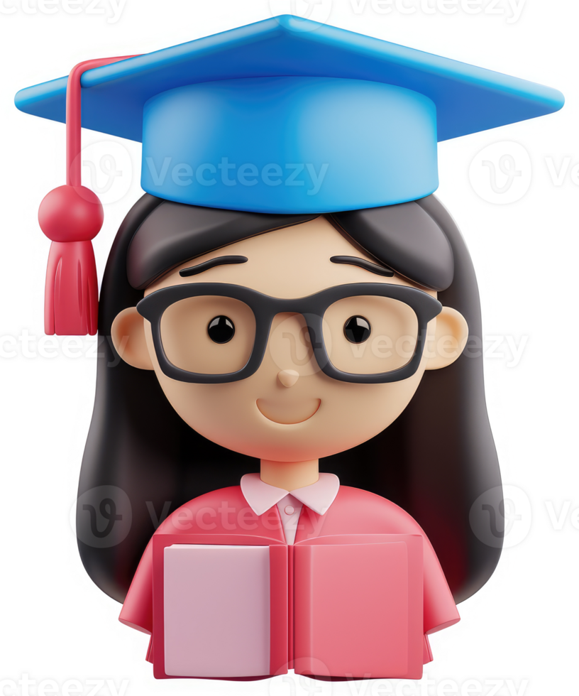 Smiling graduate girl holds textbooks, wearing graduation cap and glasses. png