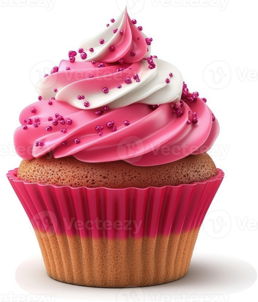 Pink frosted cupcake with white frosting and sprinkles. png