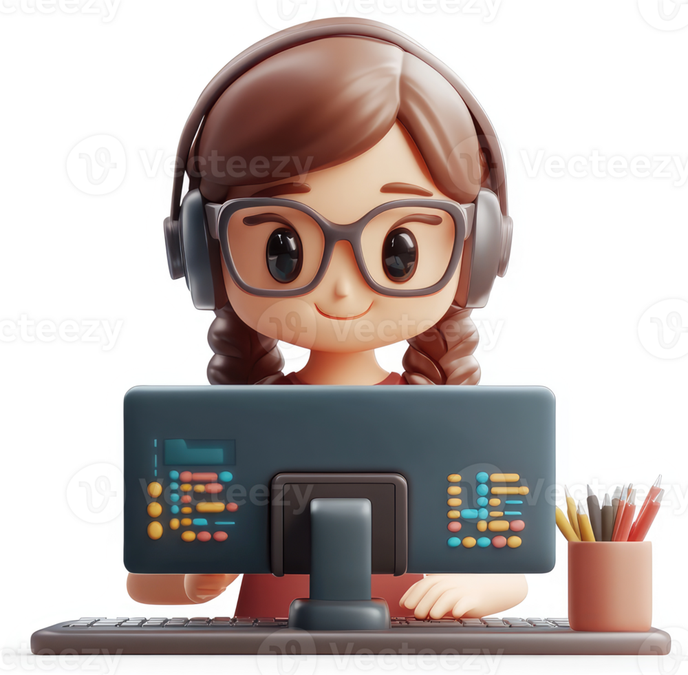 Smiling cartoon girl with headphones and glasses working on computer. png
