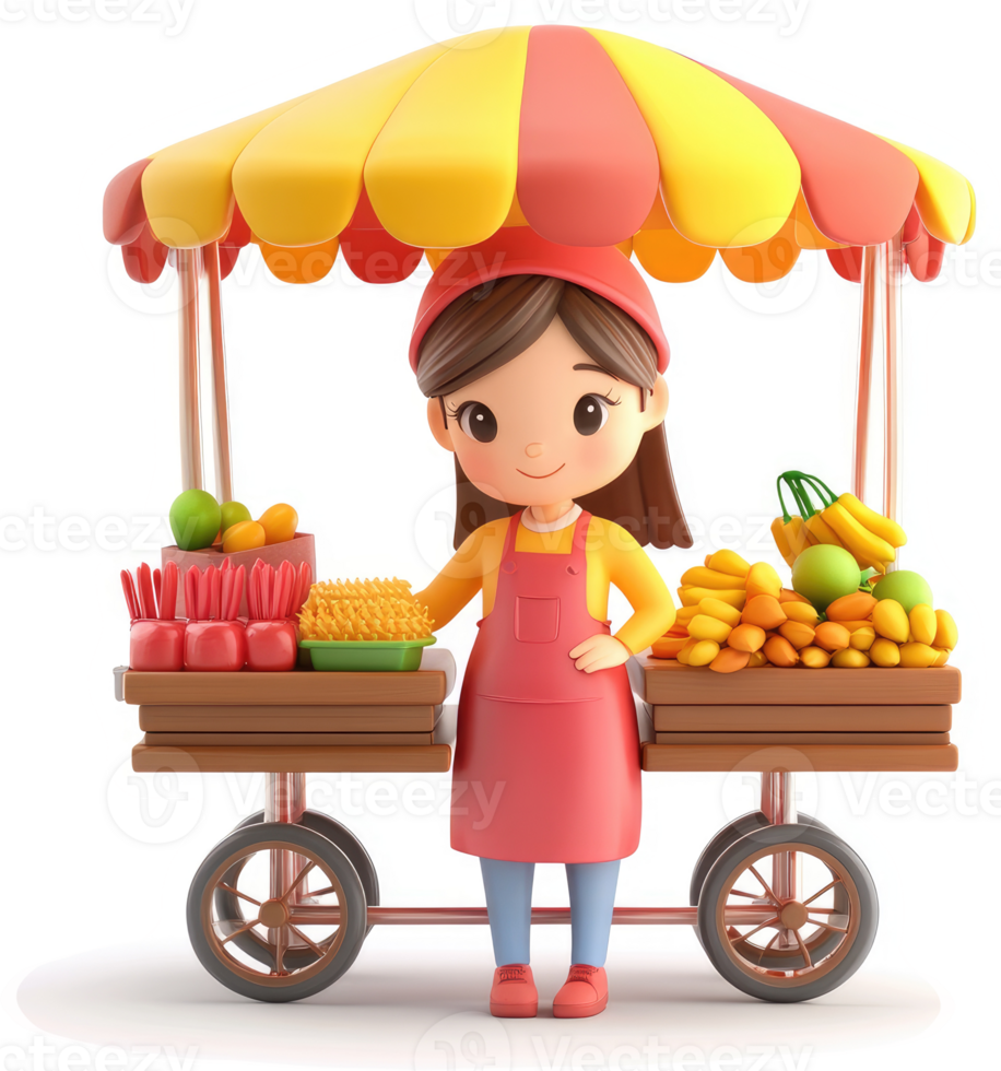 Cartoon vendor sells fresh fruit at a roadside stand. png