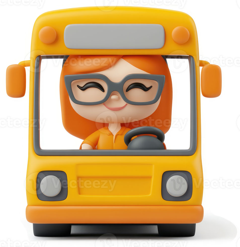 Smiling female character drives a bright yellow school bus. png