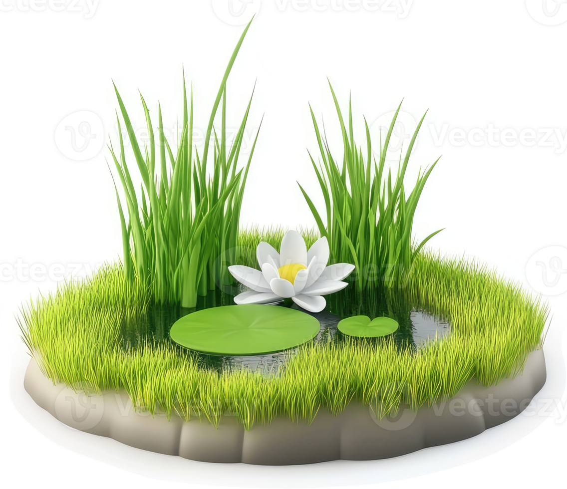 Lush greenery surrounds a tranquil pond lily. png