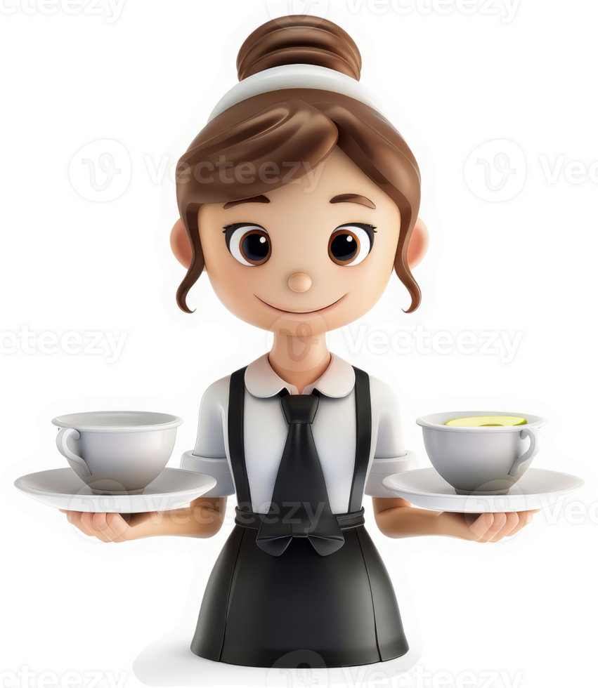 Smiling cartoon waitress balanced trays of beverages. png