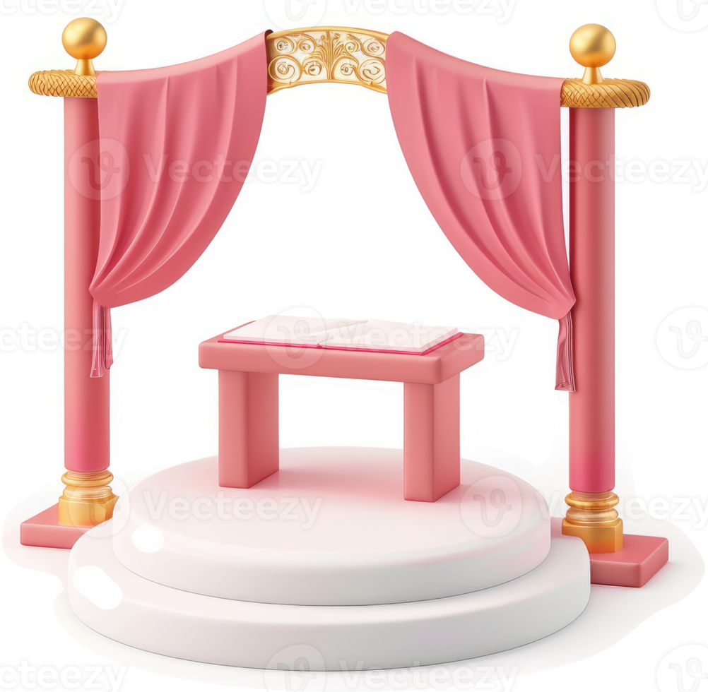 Pink wedding ceremony backdrop with a book and podium. png