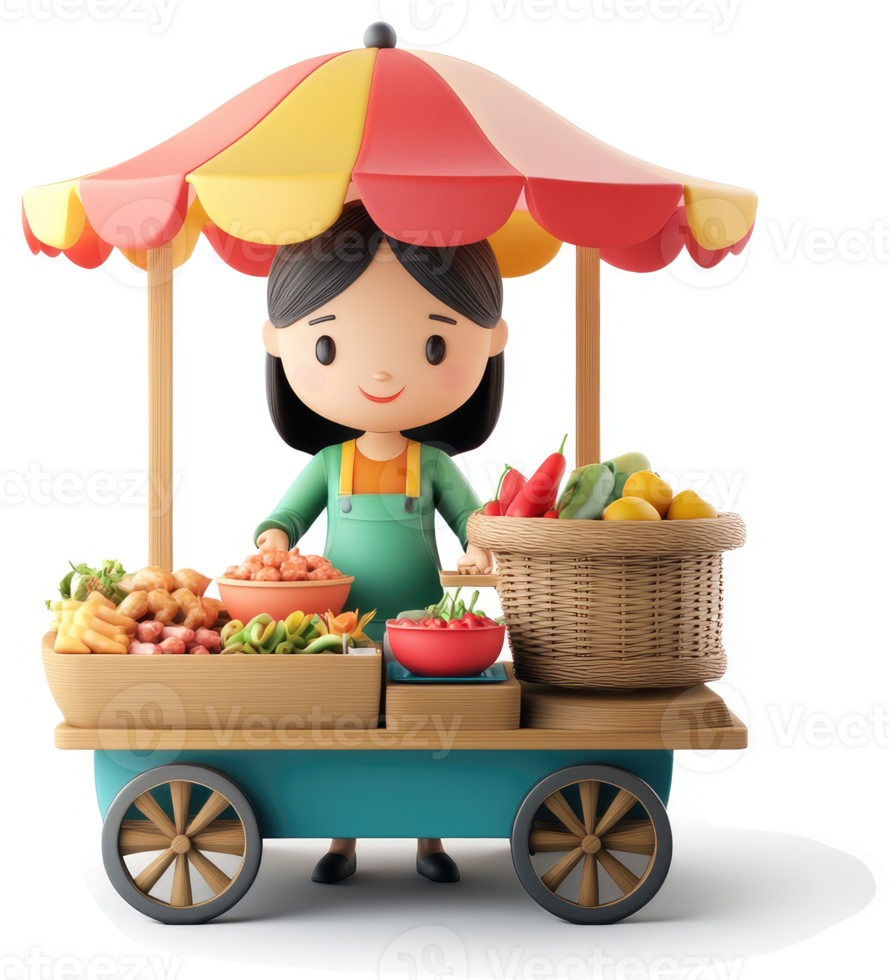 Cute cartoon girl operates a colorful fruit and vegetable stand. png