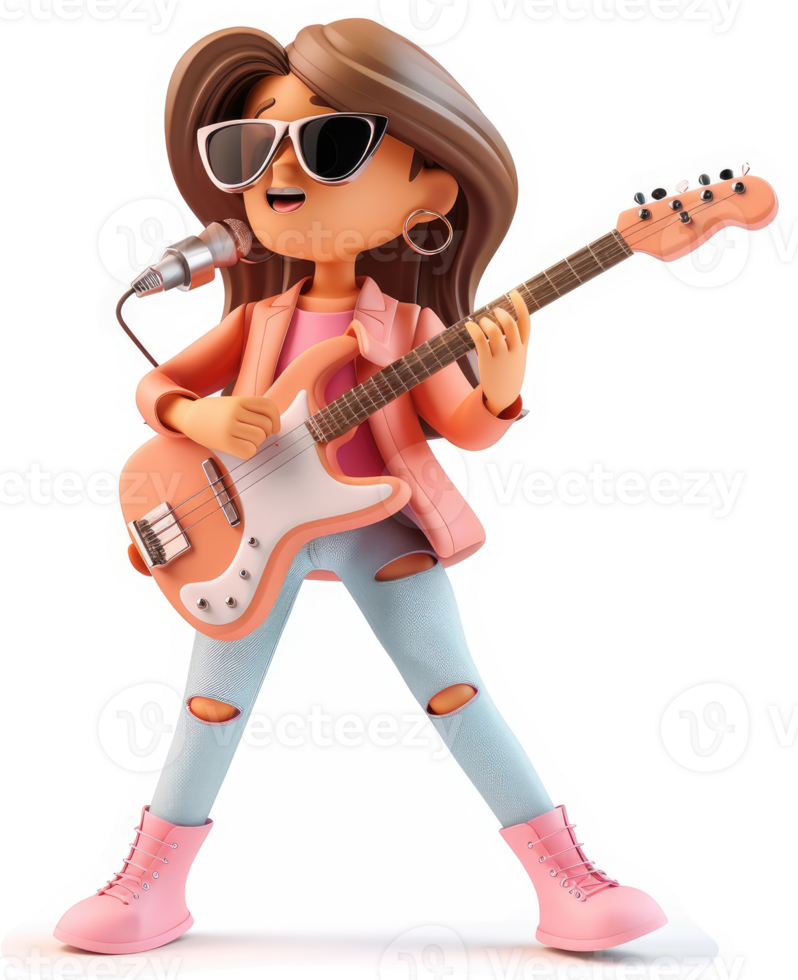 Animated girl plays bass guitar with microphone. png