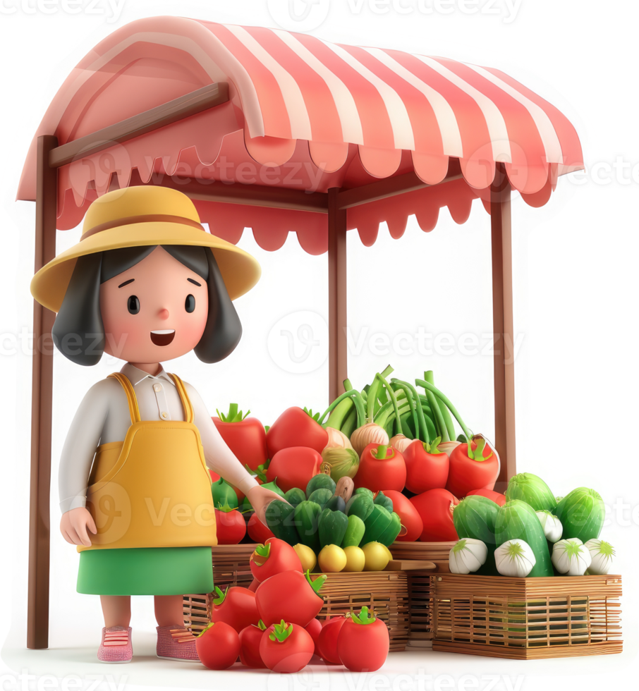 Cheerful vendor displays fresh produce at a market stall. png