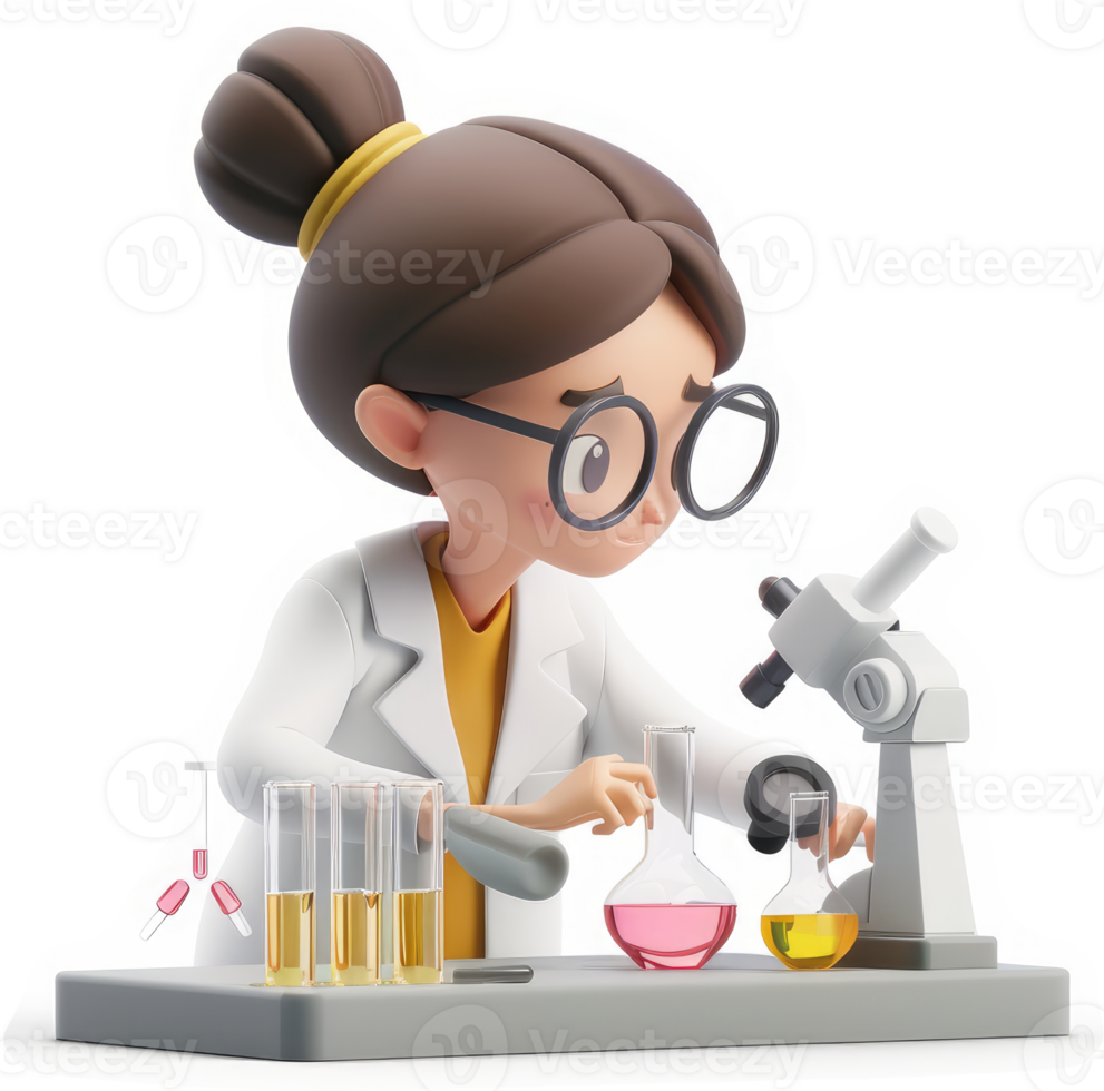 Cartoon female scientist conducts laboratory experiments. png