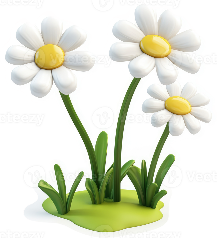 Three cheerful daisies populating a grassy patch. png