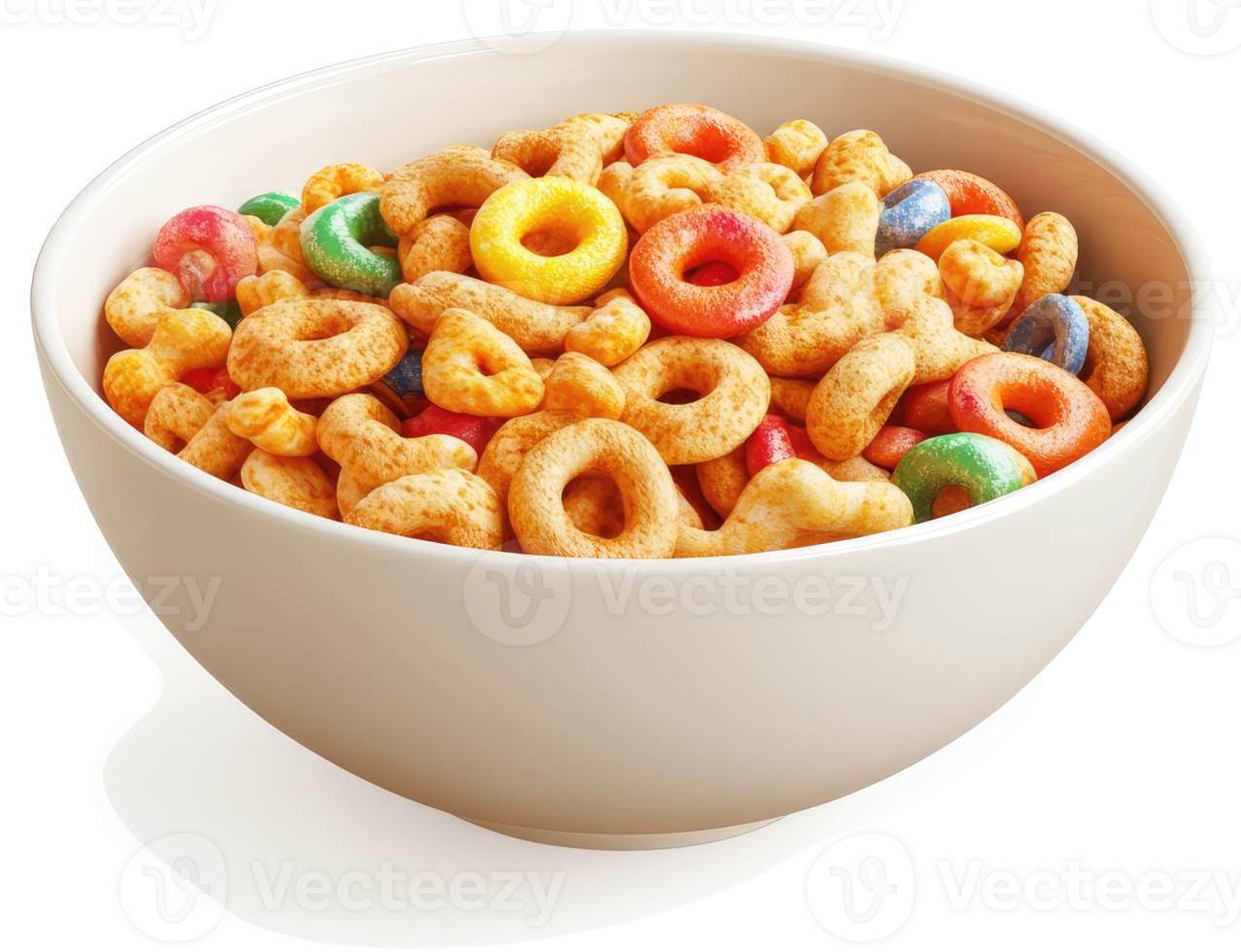 Colorful cereal in a white bowl. png