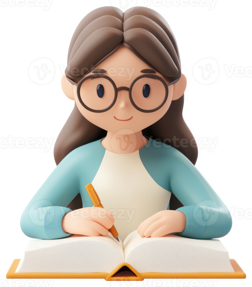 Cartoon girl with glasses studies from an open book. png