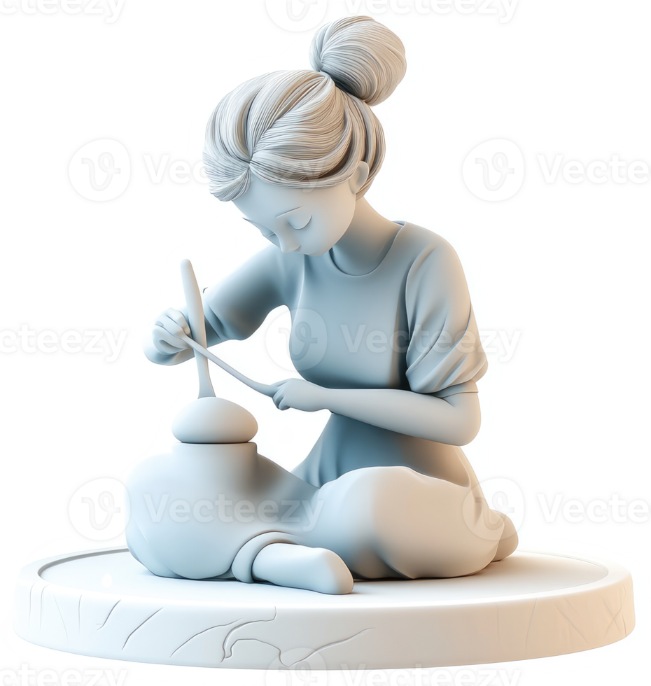 A stylized sculpted figure of a young woman crafting. png