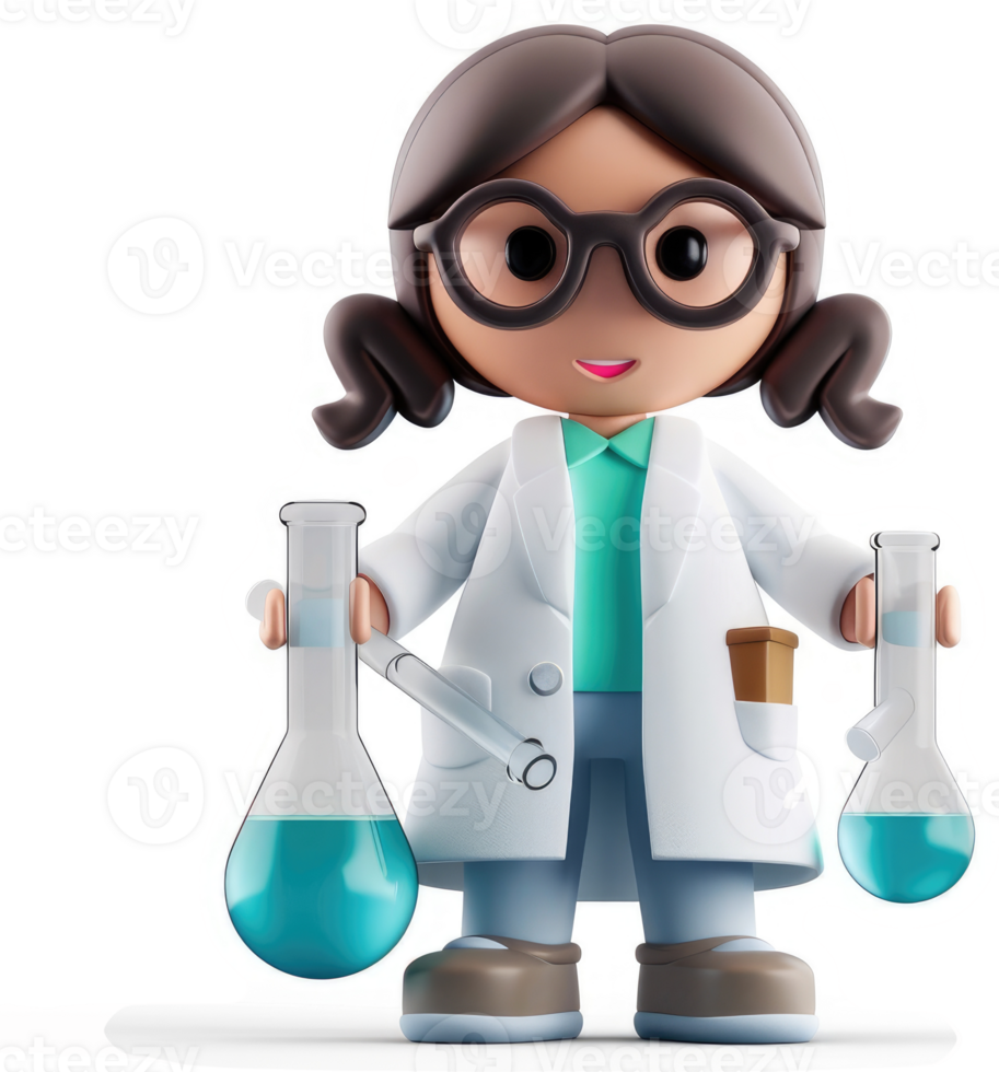 A cheerful cartoon scientist holds beakers filled with turquoise liquid. png