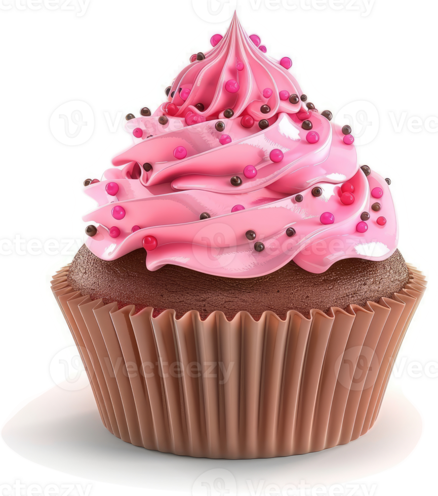 Deliciously frosted cupcake with pink frosting and chocolate sprinkles. png