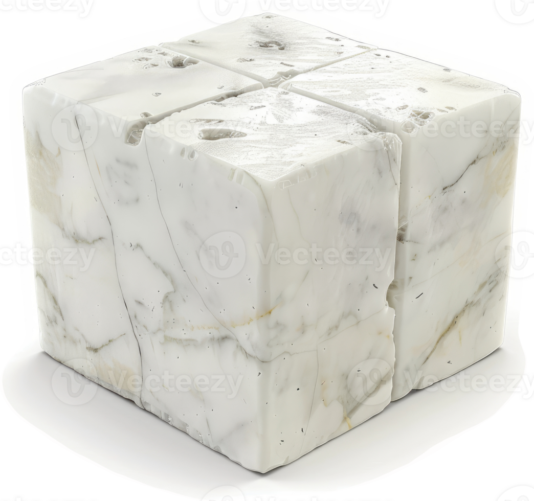 Four-part white marble cube sculpture. png