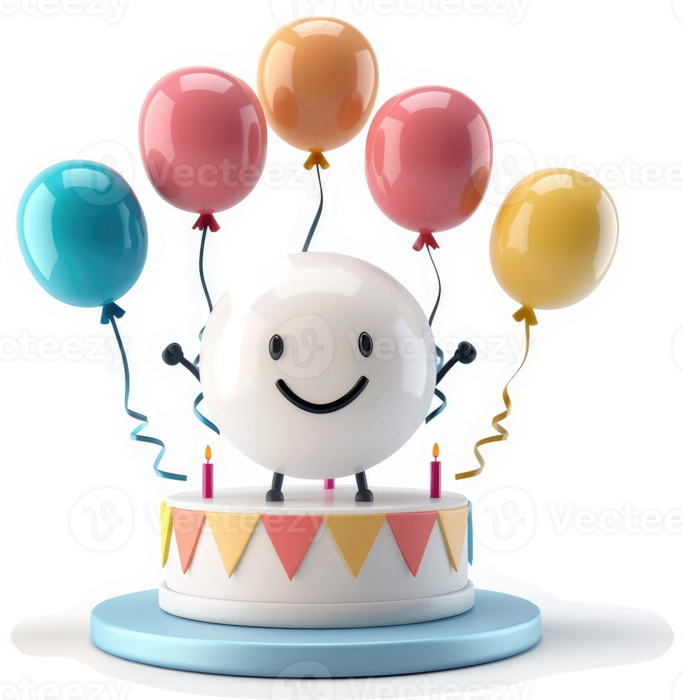 Happy cartoon character on a birthday cake with colorful balloons. png