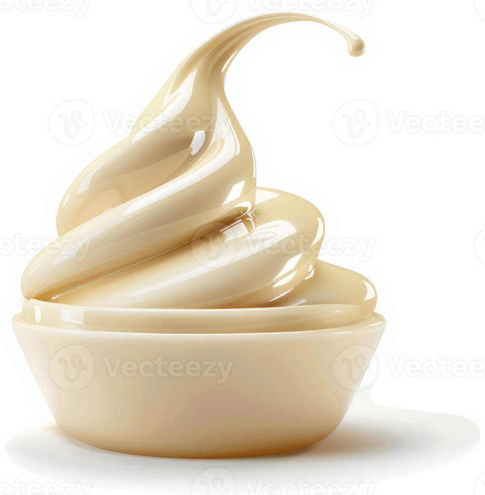 Creamy vanilla soft serve ice cream in a small bowl. png