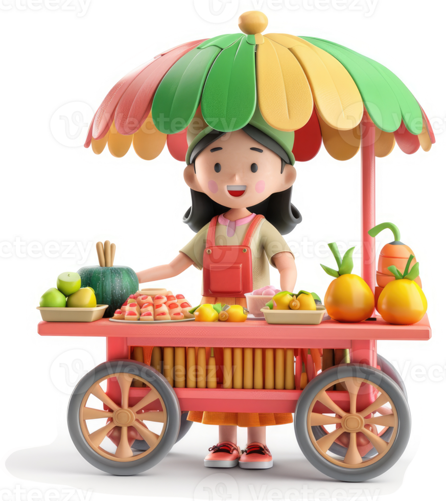 Cheerful girl operates a vibrant street food cart. png