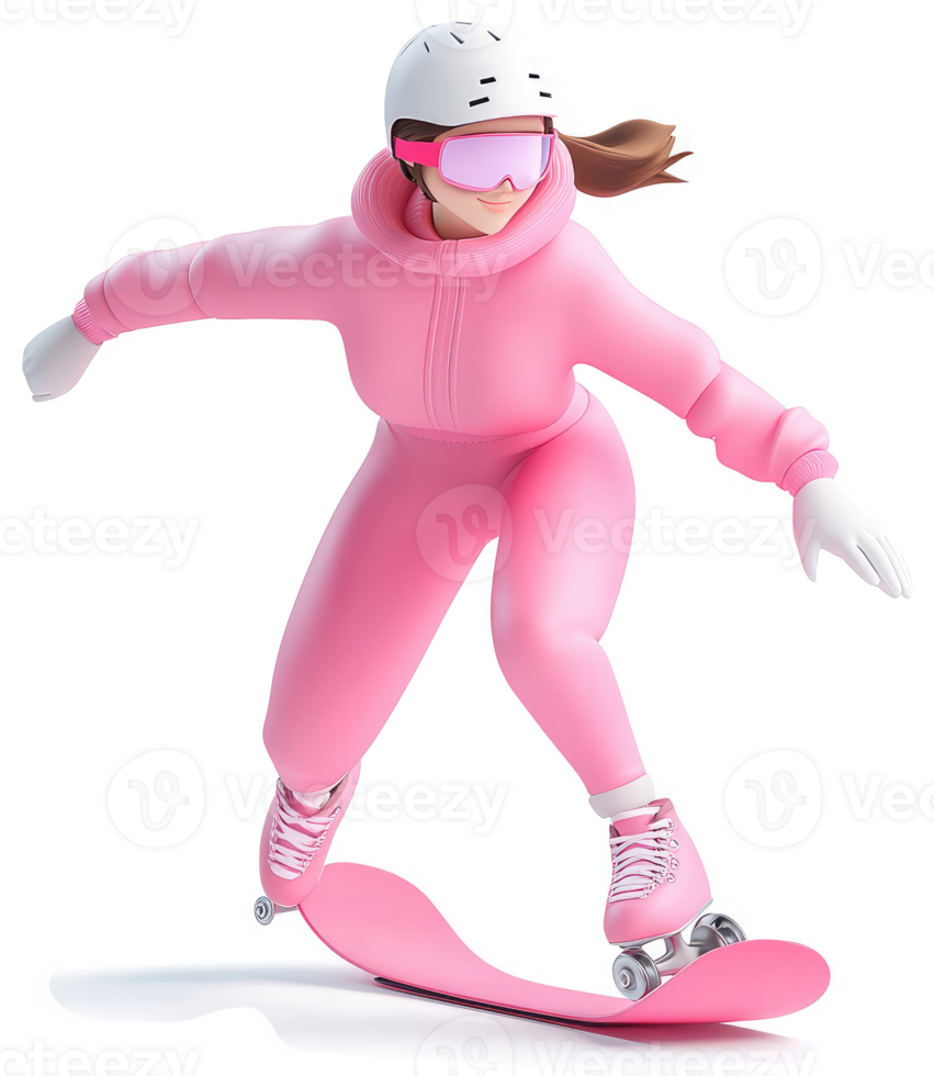 Pink-clad female figure glides dynamically on a pink snowboard. png