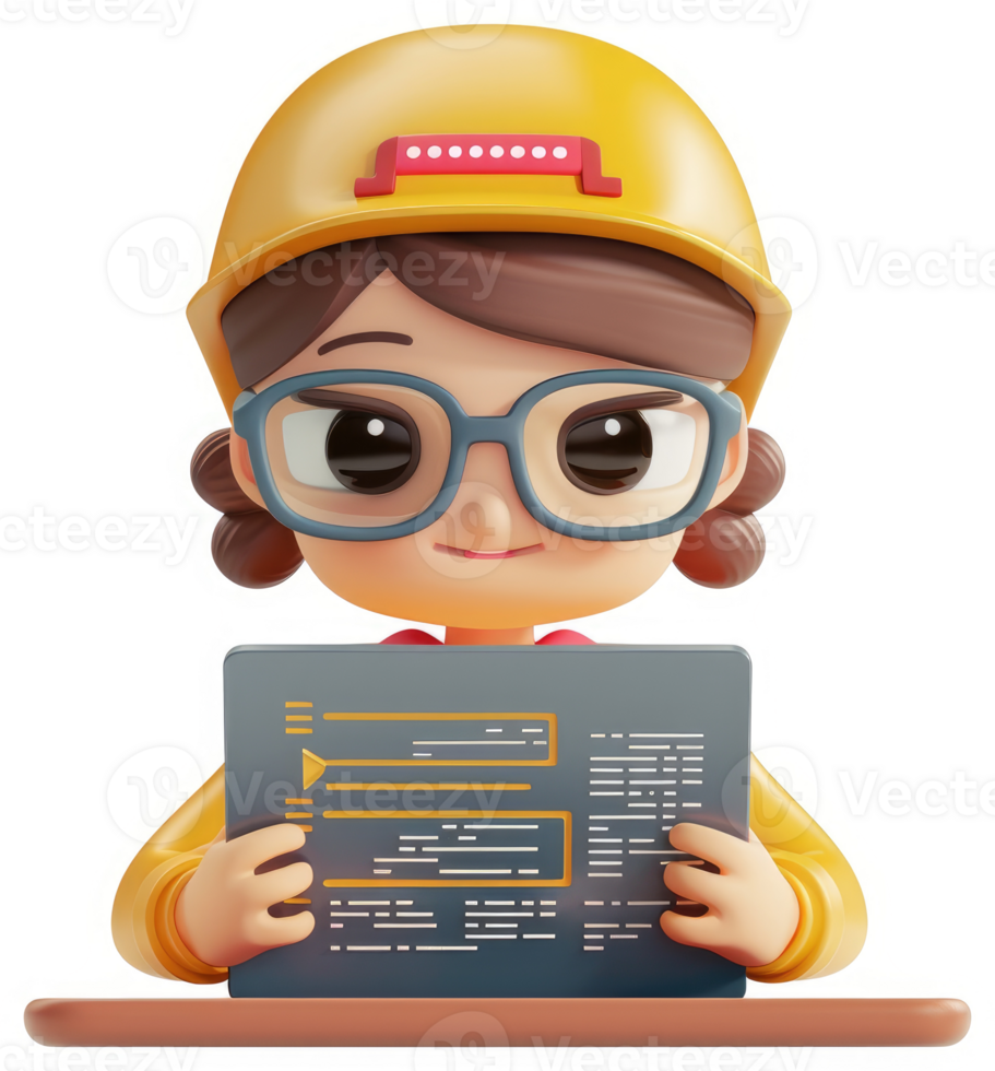 Cute female engineer reviewing technical documentation. png