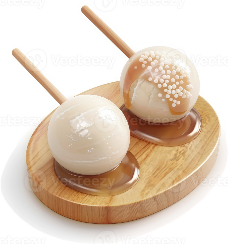 Two caramel-dipped, spherical treats on wooden sticks. png