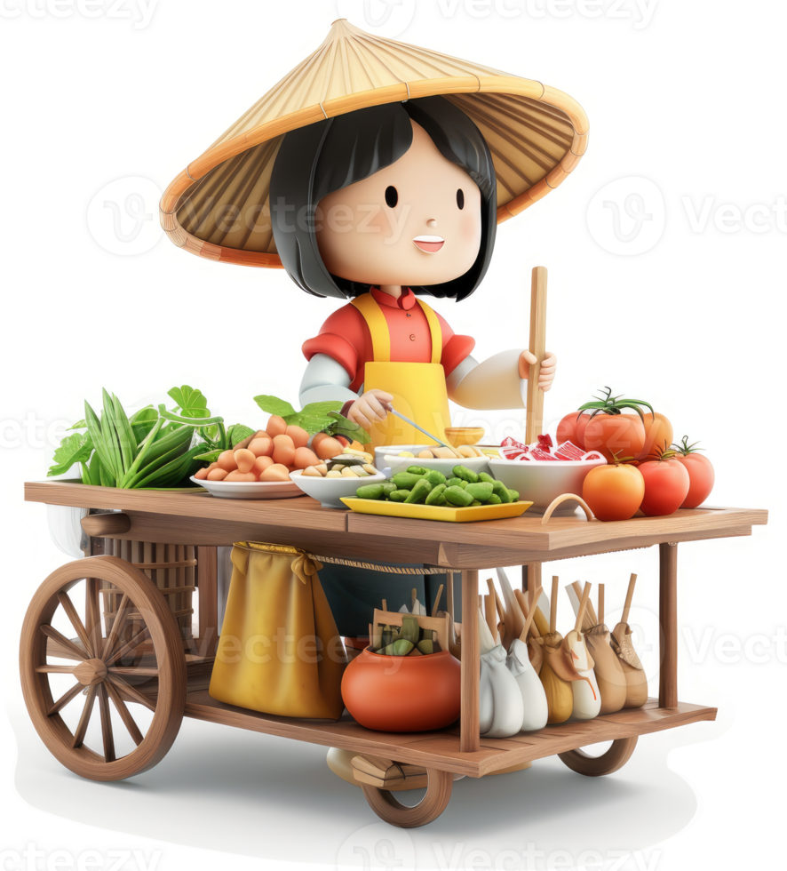 Smiling Asian girl operates a vibrant street food cart. png