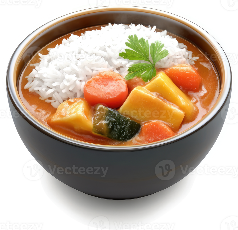Bowl of curry with rice and vegetables. png