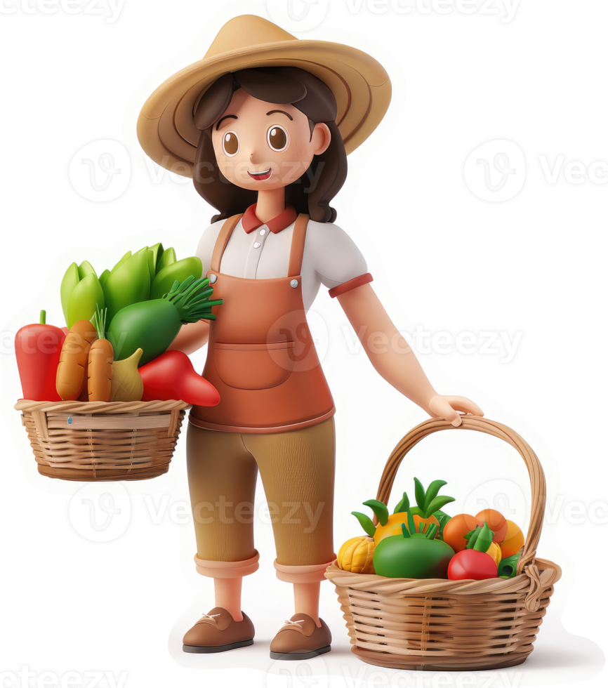 Smiling farmer girl carrying baskets of fresh produce. png
