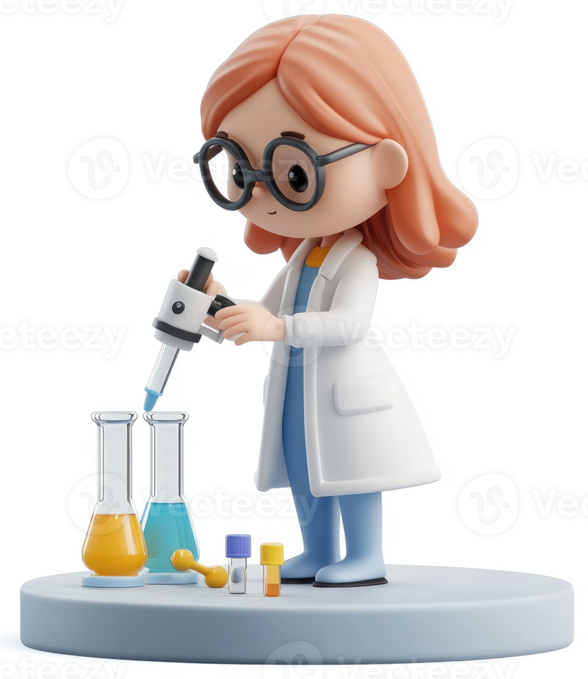 Cute cartoon scientist conducts experiments with lab equipment. png