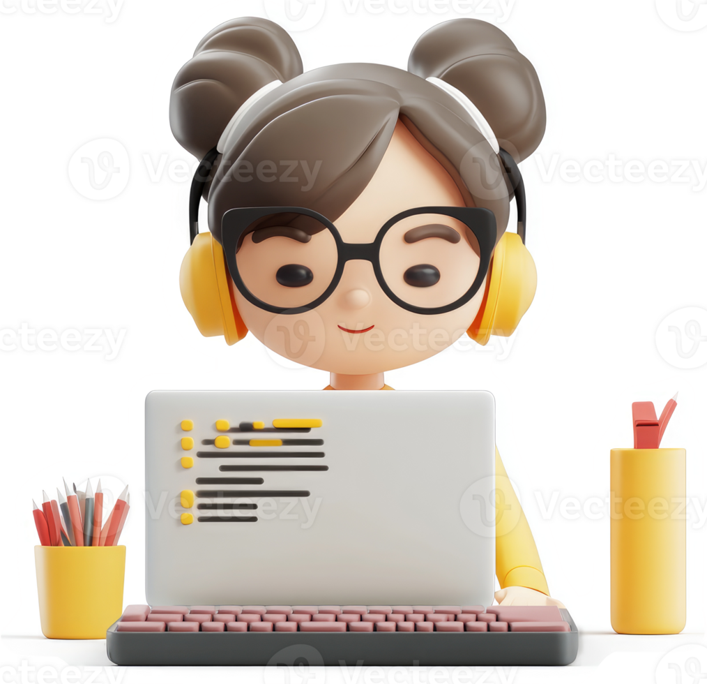 Cartoon girl in headphones working on a laptop. png